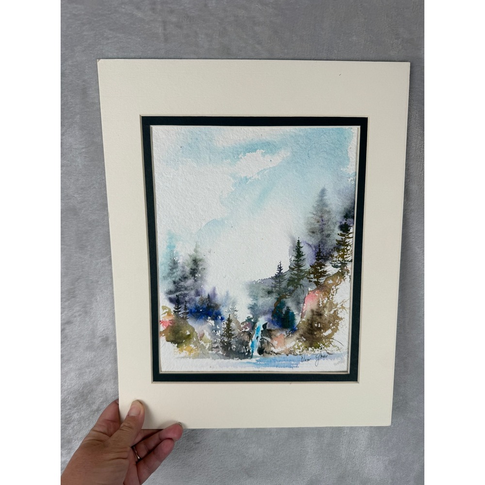 Van Gores Original Signed Watercolor Painting Forest Waterfall Landscape Matted